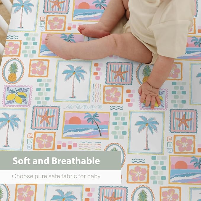 Colorful Beach Patchwork Baby Crib Sheets for Girl 52x28 Bright Summer Seashells Girly Soft Snug Fitted Crib Mattress Cover Pineapple Lemon Palm Starfish Baby Sheet for Crib & Toddler Bed Mattresses