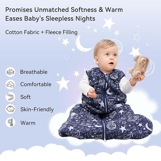 Baby Sleep Sack 0-6 Months TOG 2.5 Winter Baby Wearable Blanket, 100% Cotton Toddler Sleeping Sack with 2-Way Zipper Warm Soft Blue Planet