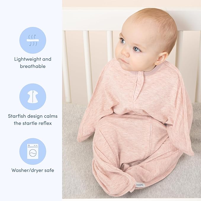 SleepingBaby Zipadee-Zip Transition Swaddle - Cozy Baby Swaddling Blanket with Zipper Convenience - Roomy Wearable Blanket for Easy Diaper Changes - 3-6 Month - Ballet Pink Heather
