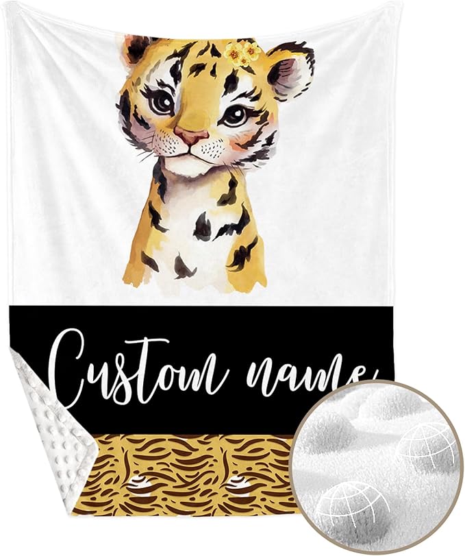Personalized Baby Crib Bedding Set, Custom Name Tiger Design Baby Bedding 2-Pcs Set-Soft Double Layer Dotted Blanket and Fitted Sheet, Nursery Bedding for Newborn Boys Girls, Perfect Shower Gift