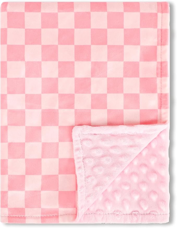 Baby Blankets for Girls, Toddler Newborn Blanket Double Layer with Dotted Backing Crib Receiving Blanket for Toddler Nursery Bed Blanket, Pink Checkered, 30x40 Inches