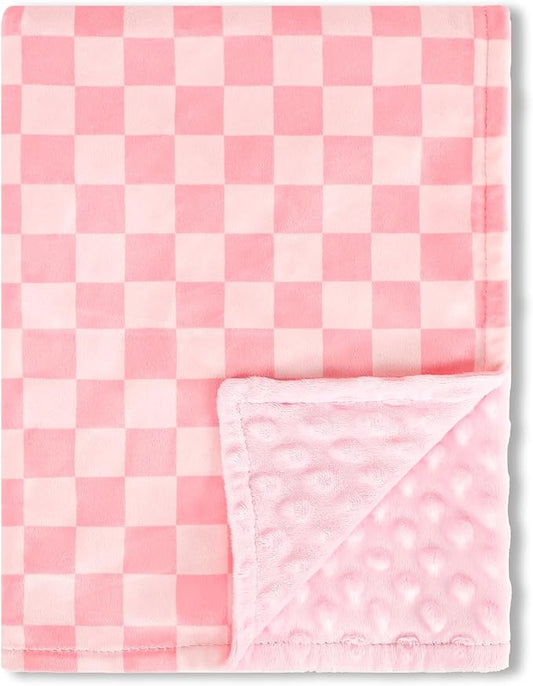 Baby Blankets for Girls, Toddler Newborn Blanket Double Layer with Dotted Backing Crib Receiving Blanket for Toddler Nursery Bed Blanket, Pink Checkered, 30x40 Inches