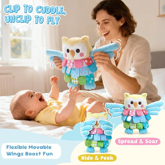 JoyCat Baby Toys for 0-12 Months,13 Inch Sensory Owl Stuffed Animal, Soft Montessori Tummy Time for Infant with Textured Crinkle Mirror, Carseat Toy for Newborn Boys & Girls Birthday Christmas Gifts
