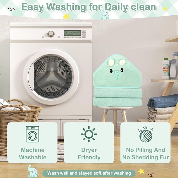 4 PCS Baby Towel Set, Hooded Bath Towel for Infants, Toddlers and Kids, Soft Animal Baby Bath Towels & 3 PCS Washcloths, 32x32 in Hooded Baby Bath Towel for Boy and Girl (Green Elephant)