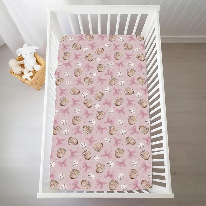 Pastel Pink Baseball Bows Baby Crib Sheets for Boys Girls Watercolor Girly Baseball Soft Snug Fitted Crib Mattress Covers for 52''x28'' Standard Crib & Toddler Mattresses Outdoor Sports Bed Sheets