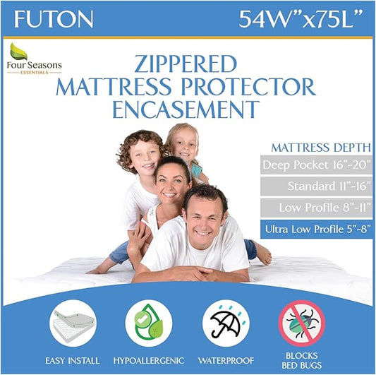 Futon Full (54"x 75") Waterproof Mattress Protector - Waterproof Zippered Encasement Premium Quality Bed Cover Protects Against Dust, Allergens White