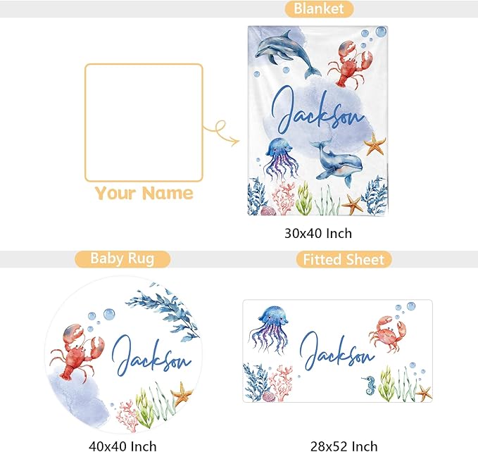 Personalized Baby Bedding Set, 3 Pcs Custom Name Crib Bedding Set for Nursery, Cute Baby Crib Set with Double Layer Blanket for Boys Girls, Customized Gifts for Toddlers Infants, Sea Animals