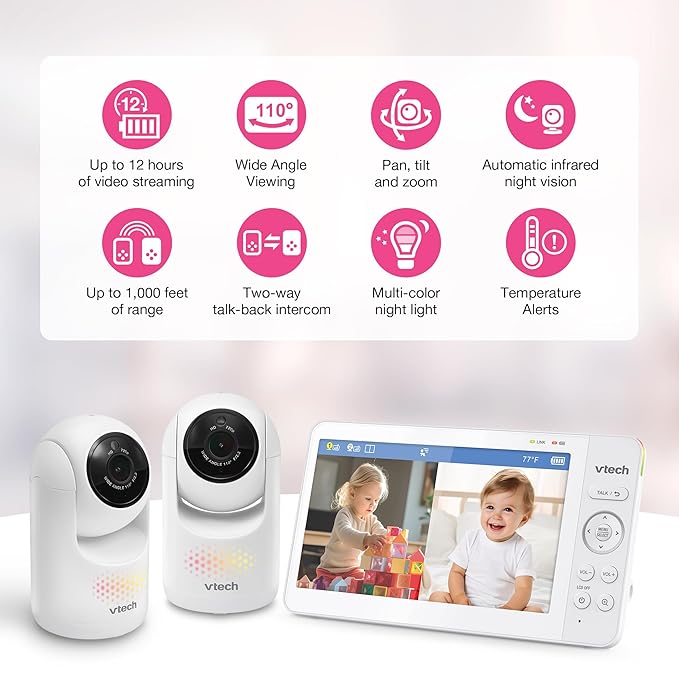 VTech Advanced HQ Max Twin 7" Digital Video 2-Cameras Baby Monitor with Pan Tilt Zoom, Long Battery Life 5000mAh, IPS Screen, Adaptive Multi-Color Night Light, 2-Way Talk, HQ Display, No WiFi, White