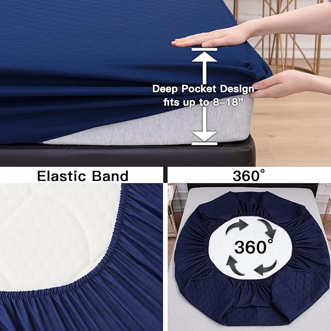 Mecerock Twin Mattress Protector Waterproof, Quilted Fitted, Navy Blue, 18 Inches Deep Pocket, Washable