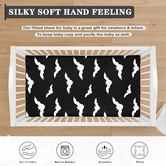 Black Bat Fitted Crib Sheet Bats Baby Crib Sheet Fit Standard Crib and Toddler Mattress,Crib Mattress Sheets for Boys Girls 28"x52"