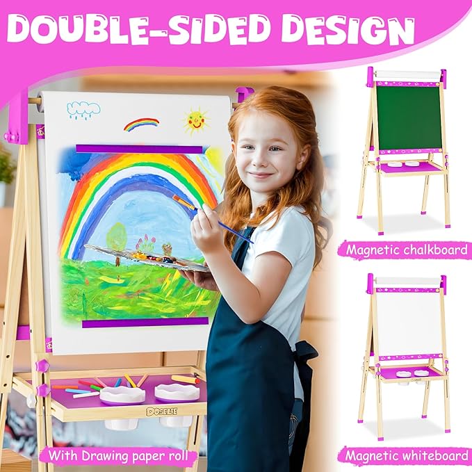 Easel for Kids Toys,Toddler Art Easel with Art Supplies, Height Adjustable Double-Sided Magnetic Dry Eraser Whiteboard and Chalk Board with Paper Roll,4 5 6 7 8 9 10 Year Old Girl Birthday Gifts