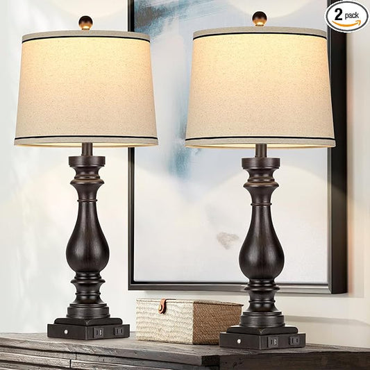 Cinkeda 29" Tall Table Lamp for Living Room Set of 2,Farmhouse Vintage Bedside Nightstand Lamps with USB C+A Ports & AC Outlet,3-Way Dimmable Touch Control Retro Black Lamp for Bedroom,Color 5