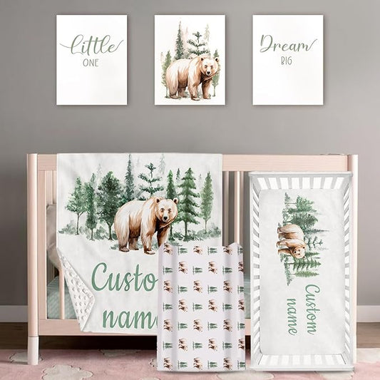 Personalized Baby Crib Bedding Set: 4 Piece Custom Gift Crib Bed Set with Name - Brown Bear Theme, Nursery Bedding Set for Baby Girls,Newborn Boys Girls Crib Sets, Crib Bedding Shower Gifts