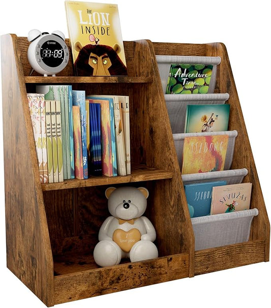 HedoAjim Kids Bookshelf for Bedroom Toddler Children Baby Bookcase 3-Tier for Nursery Book Toy Storage Organizer 4 Sling Adjustable Display Shelf Book Rack Wood Classroom Playroom Rustic Brown