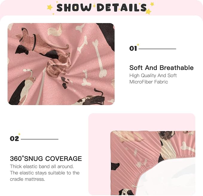 Pink Dog and Bone01 Crib Sheets Standard Crib Toddler Mattresses Cover Fitted Baby Bed Sheet Breathable Crib Mattress Sheet for Girls Boys 52" x 28"x5''