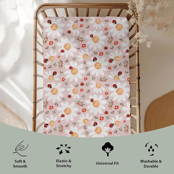 Spring Daisy Floral Baby Crib Sheets for Boy Girl 52x28Inch Boho Wildflower Leaves Soft Stretchy Fitted Crib Mattress Covers Greenery Nursery Baby Sheet for Crib and Toddler Bed Mattresses