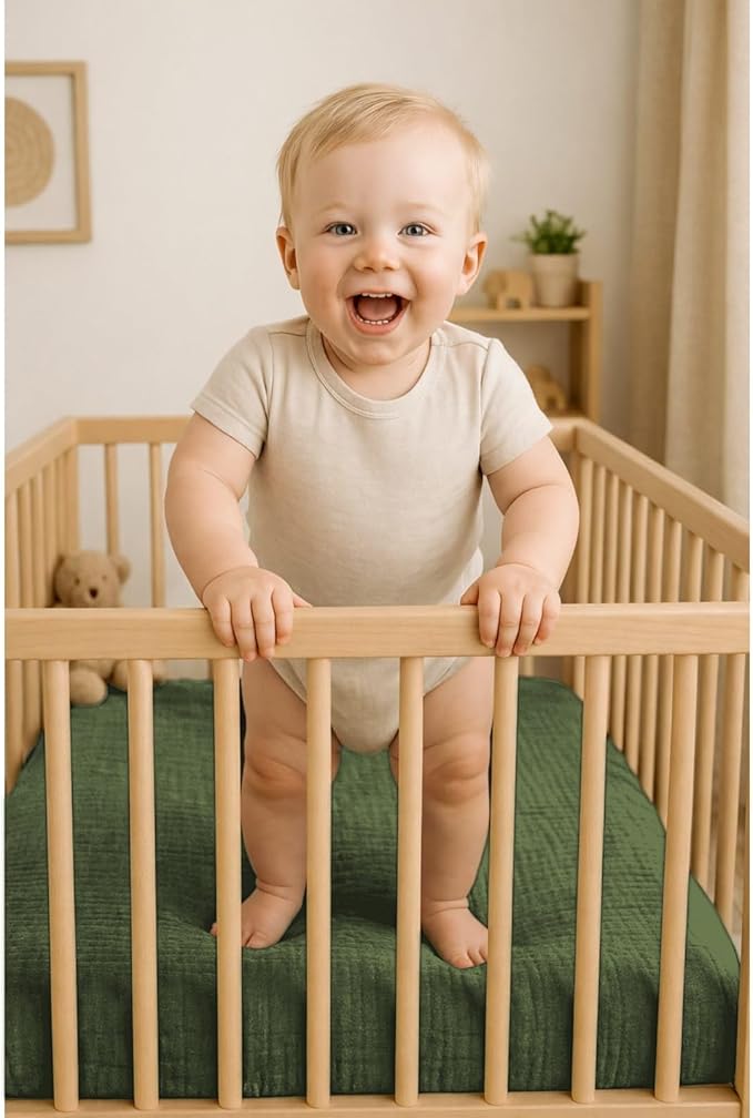 2 Pack Olive Green Muslin Crib Sheets for Boys & Girl- Neutral Breathable Cotton Crib Mattress Sheets Fitted for Standard 28"x 52"- Nursery Décor No Slip Crib Bed Sheets