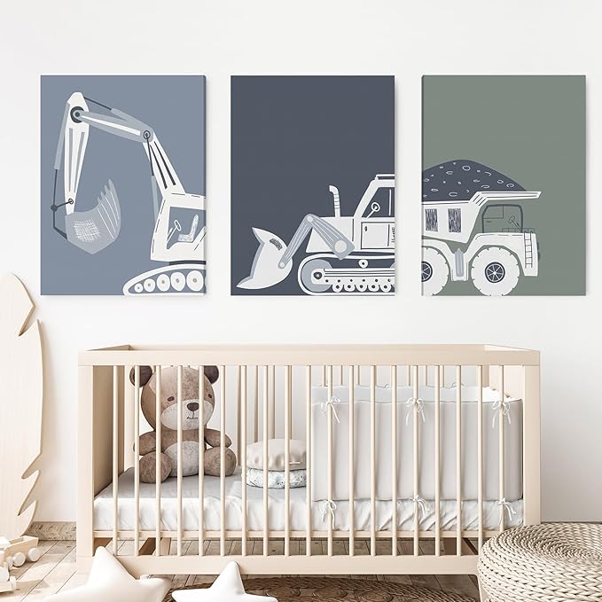 Construction Truck Kids Room Wall Art Deco Bulldozer Pictures Tractor Vehicle Poster Dump Truck Wall Art Boy Room Canvas Wall Decoration Baby Room Print Boy Bedroom 12x16 Inch 3 Piece Wrap Canvas