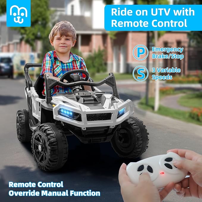 12V Kids Ride on Truck Car with Remote Control, Electric Off-Road UTV for Toddlers, Bluetooth Music, Suspension System Safety Belt, Electric Vehicles Gift for Boys & Girls-White