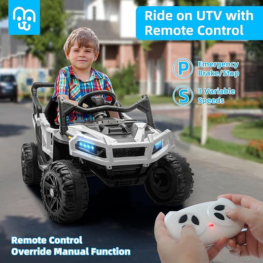 12V Kids Ride on Truck Car with Remote Control, Electric Off-Road UTV for Toddlers, Bluetooth Music, Suspension System Safety Belt, Electric Vehicles Gift for Boys & Girls-White