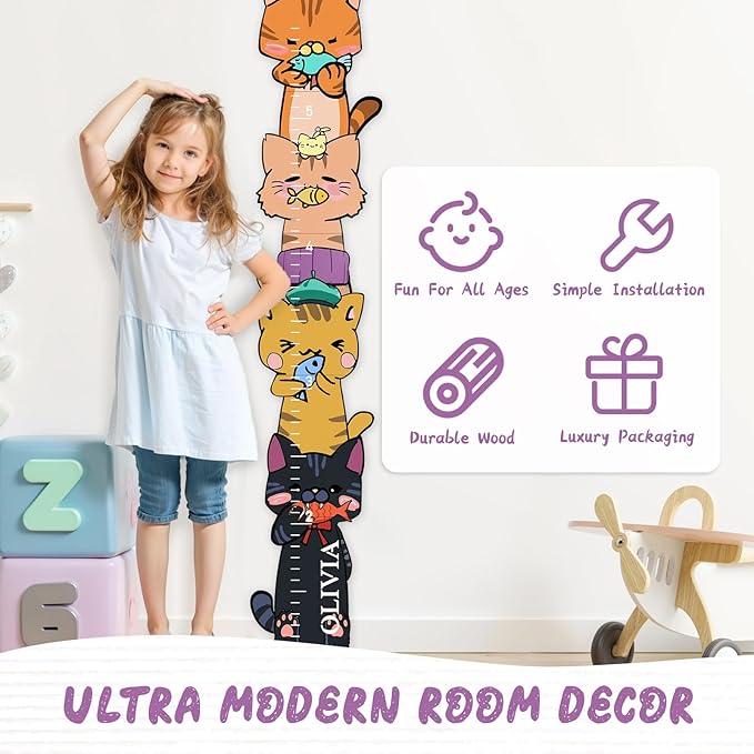 Woodemon Personalized Name Growth Chart for Wall, Kitten Eating Fish Wooden Height Chart, Thick Height Measuring Board for Boys and Girls, Measurement Ruler for Kids, Easy to Install
