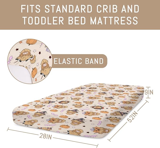 Highland Cow Halloween Baby Crib Sheets for Boy Girl Western Cowboy Fall Pumpkin Bats Soft Snug Fitted Crib Mattress Covers for 52''x28'' Standard Crib & Toddler Mattress Spooky Farm Animal Bed Sheet