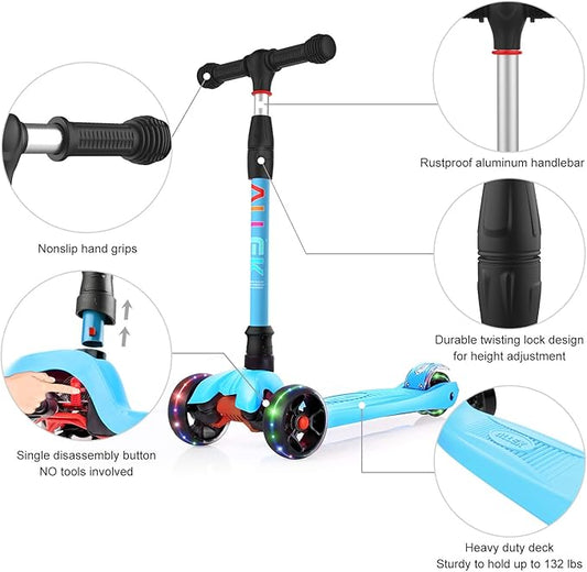 Allek Kick Scooter B02, Lean 'N Glide Scooter with Extra Wide PU Light-Up Wheels and 4 Adjustable Heights for Children from 3-12yrs (Aqua Blue)