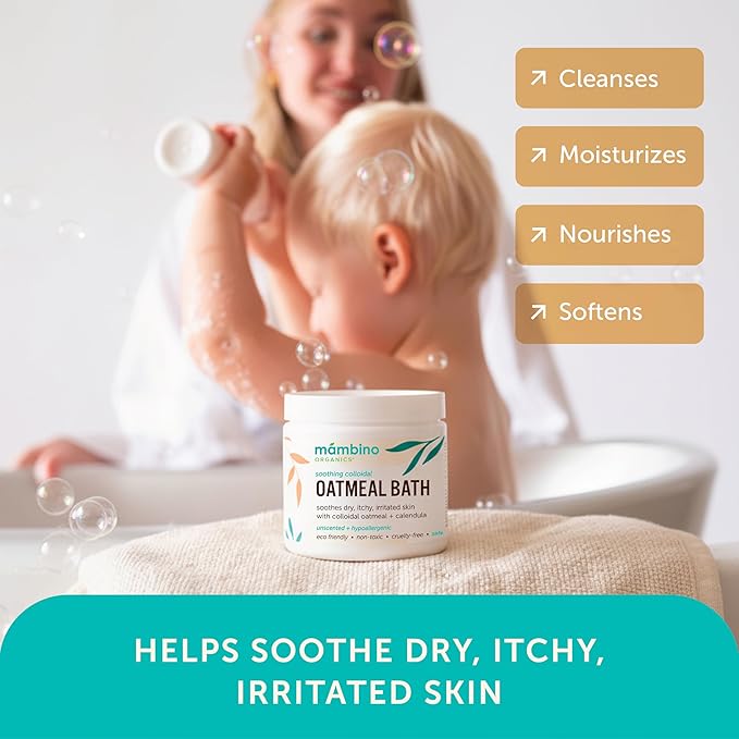 Mambino Organics Soothing Colloidal Oatmeal Bath Soak Powder, for Newborn, Kids, Moms with Dry, Sensitive Skin, Unscented Baby Wash with Calendula for Baby Bath, Vegan, Non-GMO, 6oz
