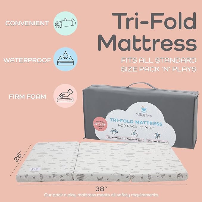 Babylicious Waterproof Pack and Play Mattress Topper | 38" x 26" x 1.5" | Carry Bag Included | Trifold Style - Breathable Soft Plush Foam - Portable Mattress Topper- Baby Foam Mattresses for Babies