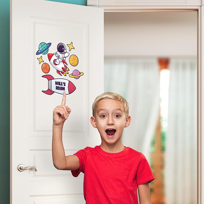EGD Custom Astronaut Door Decal with Name | Door Decals for Bedroom or Nursery | Personalized Vinyl Wall Decal for Kids Room | Fun Space Theme Wall Stickers for Kids (B. Astronaut)