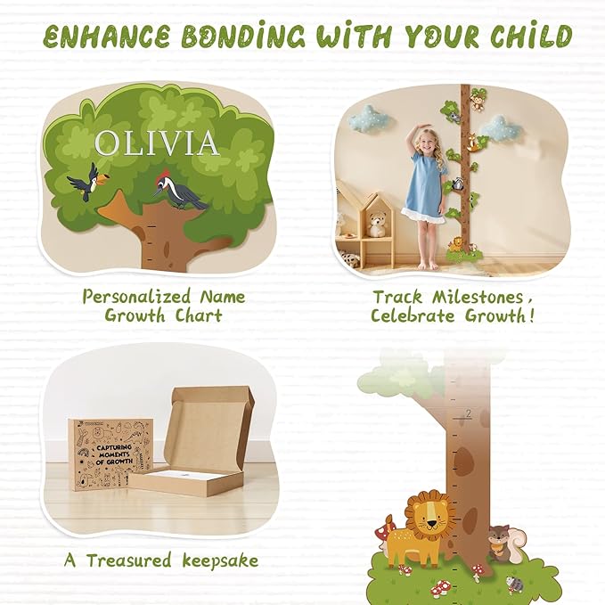 Woodemon Personalized Name Growth Chart for Kids – Wooden Tree Wall Height Chart, Children's Height Measurement Ruler 62.5" x 14.9"