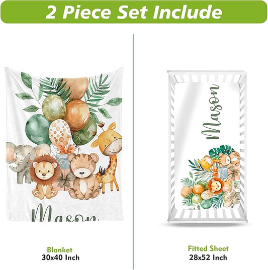 Personalized Baby Crib Bedding Set, Custom Name Lion Giraffe Baby Bedding 2-Pcs Set - Soft Double Layer Dotted Blanket and Fitted Sheet, Nursery Bedding for Newborn Boys Girls, Perfect Shower Gift