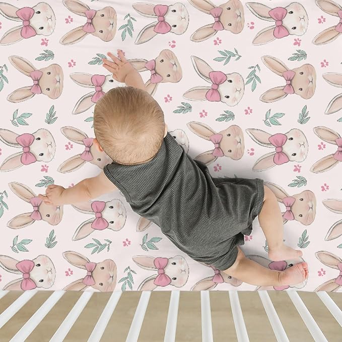 Easter Bunnies Pink Bows Baby Crib Sheets for Boy Girl 52"x28" Cute Rabbit Leaves Soft Stretchy Fitted Crib Mattress Cover Spring Garden Animal Baby Sheet for Standard Crib and Toddler Bed Mattress