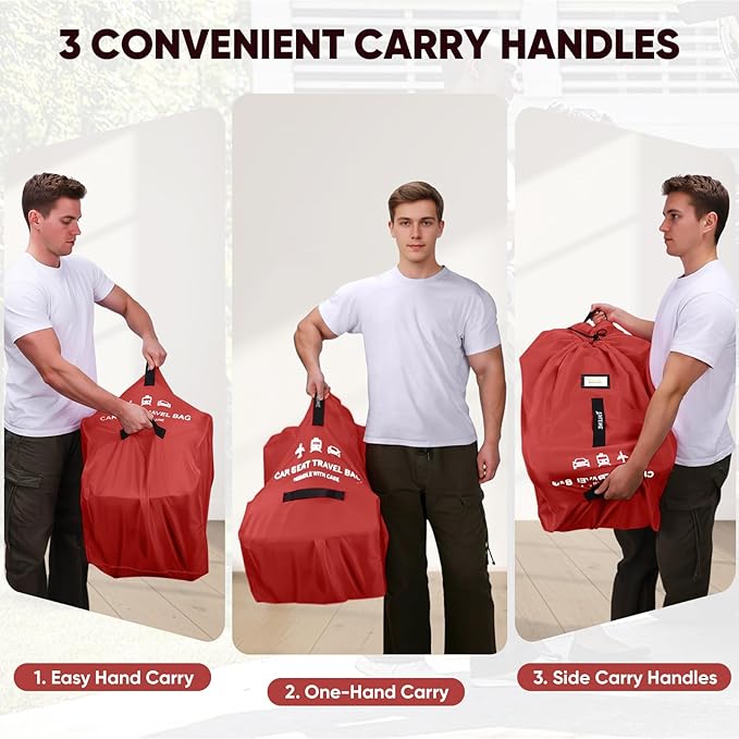 BALEINE Car Seat Travel Bag for Airplane, Water-Resistant Car Seat Bags for Air Travel, Foldable Cover with 3 Handles, Fits Toddler Carseat, Convertible and Booster Seats (Red)