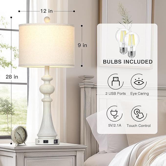 28" Farmhouse Table Lamps Set of 2, Vintage Bedside Lamps with USB A+C Charging Ports & AC Outlet, 3-Way Dimmable Touch Control Nightstand Lamp for Living Room Bedroom Wash White(2 LED Bulbs Included)