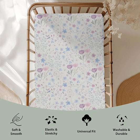 Whimsy Floral Watercolor Baby Crib Sheets for Boy Girl 28"x52" Pink Purple Wildflowers Soft Snug Fitted Crib Mattress Cover Boho Colorful Garden Flowers Baby Sheet for Crib & Toddler Bed Mattresses