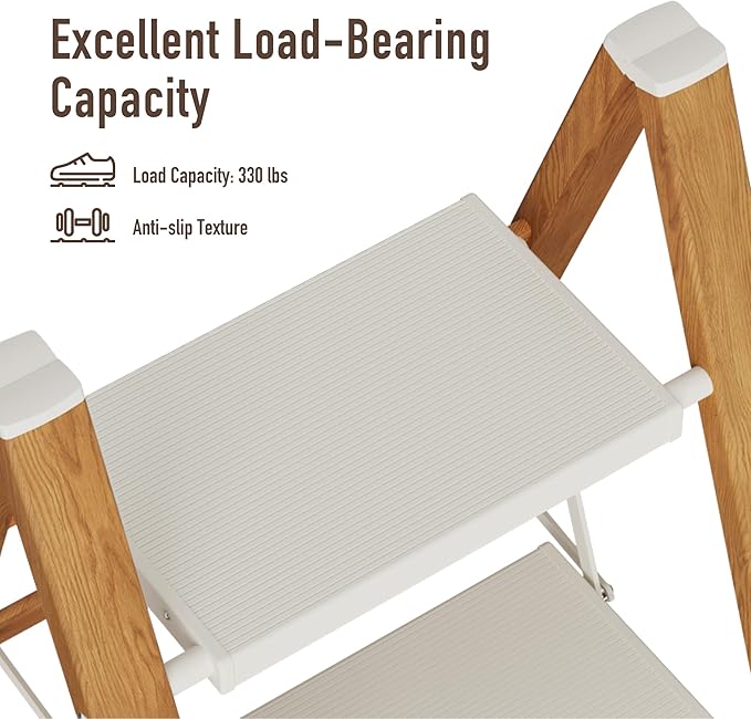 Mayi Plus 4 Step Lightweight Aluminum Folding Ladder, Portable Step Stool with Anti-Slip Pedals, 330 lbs Capacity for Home, Office, Kitchen（White&Woodgrain）