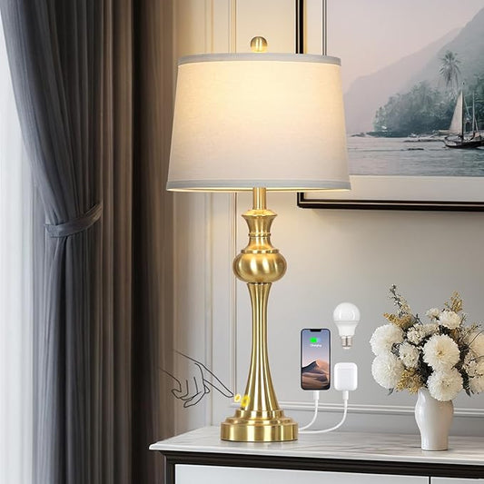Cinyirong 28.75" Gold Table Lamps Modern 3-Way Touch Control Dimmable Bedside Lamp with USB A+C Ports & AC Outlets for Living Room Bedroom Nightstand Lamp (Bulb Included)