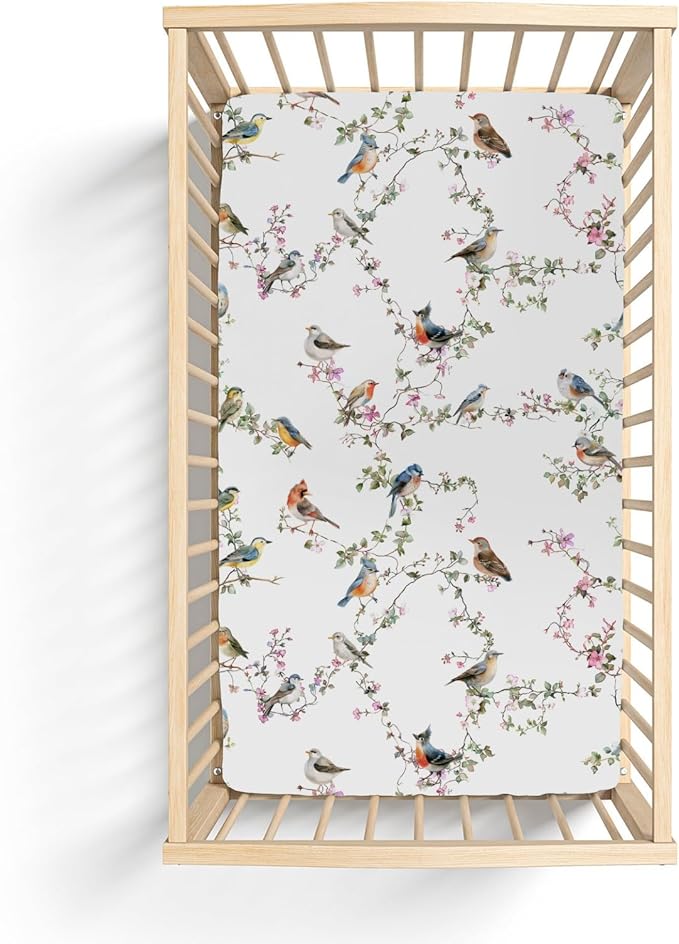Watercolor Cute Birds Baby Crib Sheets for Boy Girl 52"x28" Spring Garden Bird Floral Leaves Soft Snug Fitted Crib Mattress Cover Sparrow Farmhouse Baby Sheet for Standard Crib and Toddler Mattress