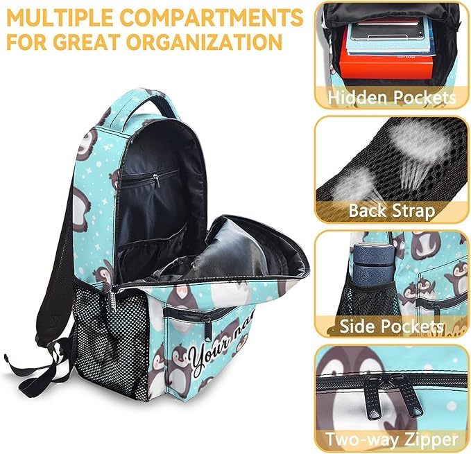 COOPASIA Personalized Penguin Backpack with Lunch Box and Pencil Case, 16 Inch Penguin Theme Bookbag with Adjustable Straps, Durable, Lightweight, Large Capacity, School Backpack for Girls Women