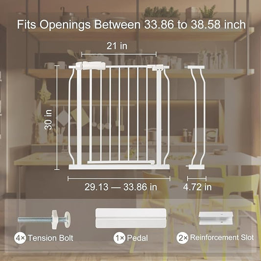 Baby Gate for Stairs No Drill 33.86-38.58 Inch,Pressure Mounted Metal Child Safety Dog Gates for Doorways,Walk Through Pet Gate Indoor Auto Close,White
