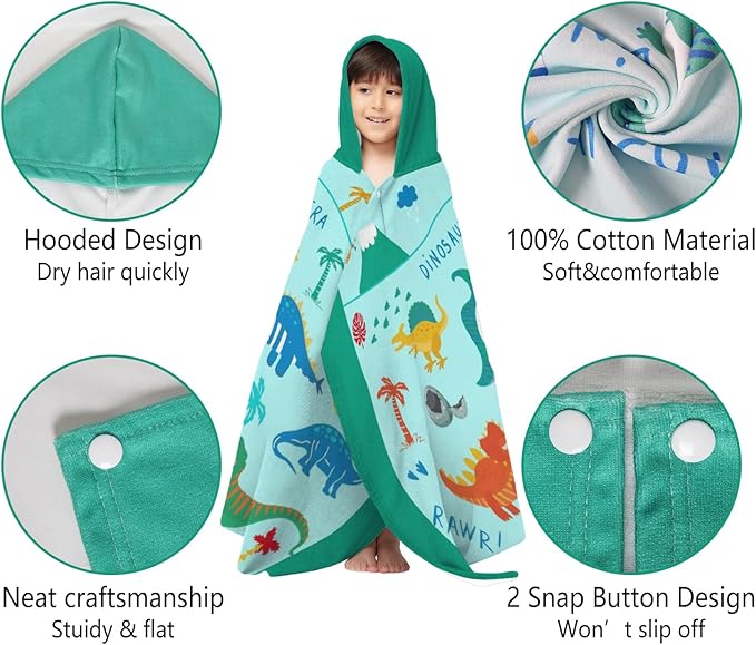 Thickened Hooded Towels for Kids Suitable Girls Boys Kids Bath Towels, 35"x60" Super Absorbent, Dinosaur Cute Cartoon Toddler Towels Multi-Purpose for Beach, Pool and Bathroom