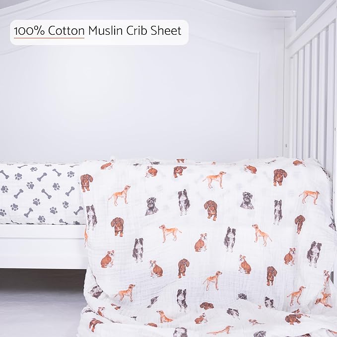 LollyBanks Muslin Crib Sheet 1 Pack, 100% Cotton Soft and Breathable Baby Crib Sheets for Boys and Girls, Fits Standard 52"x28" Mattress, Neutral Baby Bedding Essentials for Registry (Dogs Print)