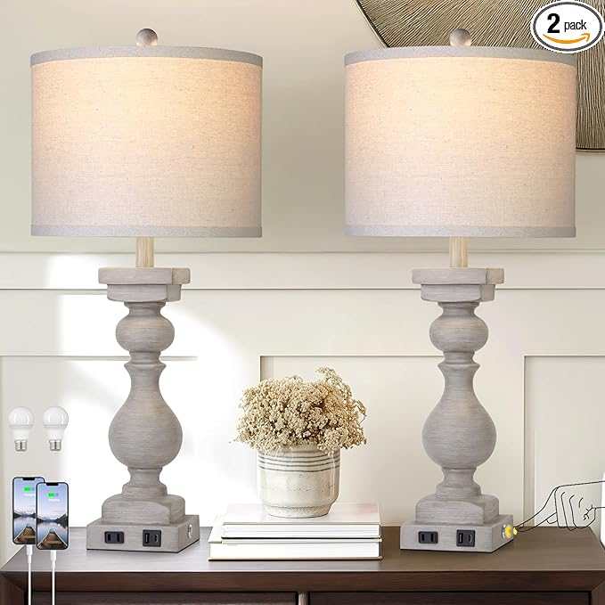 MOUVOVO 28" Tall Farmhouse Table Lamps Set of 2 with USB C+A Ports and AC Outlet, 3 Way Touch Tall Rustic Bedside Lamps for Living Room, Grey Vintage Lamps for Bedroom