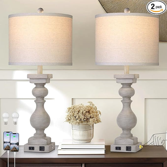 MOUVOVO 28" Tall Farmhouse Table Lamps Set of 2 with USB C+A Ports and AC Outlet, 3 Way Touch Tall Rustic Bedside Lamps for Living Room, Grey Vintage Lamps for Bedroom