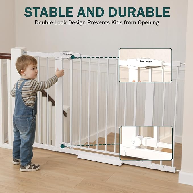 Mumeasy 36" Extra Tall Dog Gate, Auto Close Baby Gate for Stairs Doorways, 29.7-46" Wide Walk Thru Child Safety Gate for House, Easy Install Pressure Mounted Metal Pet Gate with Door, White