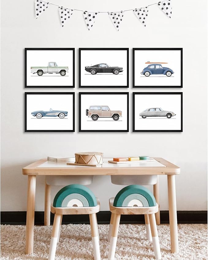 Blue Car Wall Art Decor Boys Room Wall Art Vintage Cars Canvas Poster Pictures Toddler Kids Room Prints Watercolor Vehicle Artwork Painting for Boys Bedroom Nursery 12x16 Inch Black Framed Set of 6