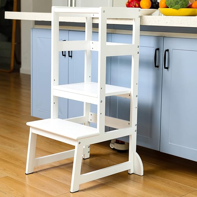 Mother's Helper Adjustable Height Step Stool, Kids Learning Toddler Tower With Safety Rail for Kitchen Counter, Montessori Stool (White)