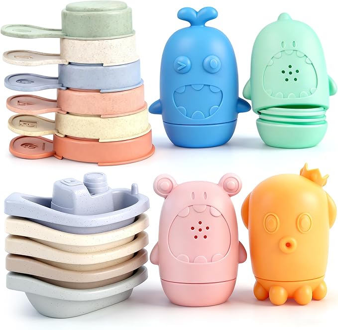 Baby Bath Toys for Kids Ages 1-3, 15 PCS Mold Free Bath Toys for Toddlers 2-4 Bathtub Water Table Pool Toys, Silicone Bath Toy and Bath Boats Spoons, Christmas Stocking Stuffers for Babies & Toddlers