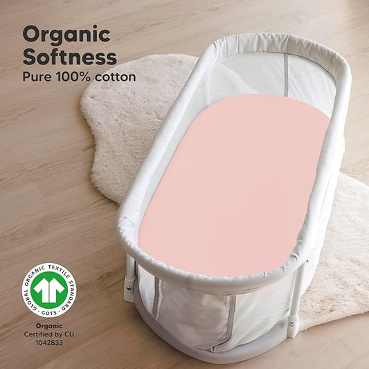 2-Pack Organic Bassinet Sheets for Girls, Boys - 100% Cotton Bassinet Mattress Sheets Compatible with Halo Bassinest Swivel Sleeper, Graco, Baby Delight, Chicco, Unisex Fitted Bassinet Sheets (Rose)